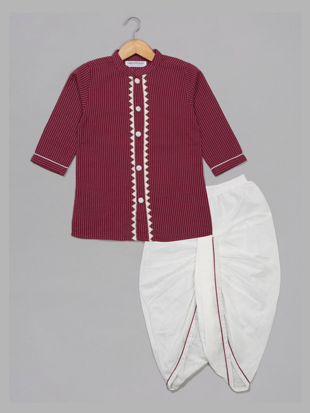 

SAKA DESIGNS Boys Striped Regular Thread Work Pure Cotton Kurta With Dhoti Pants, Maroon