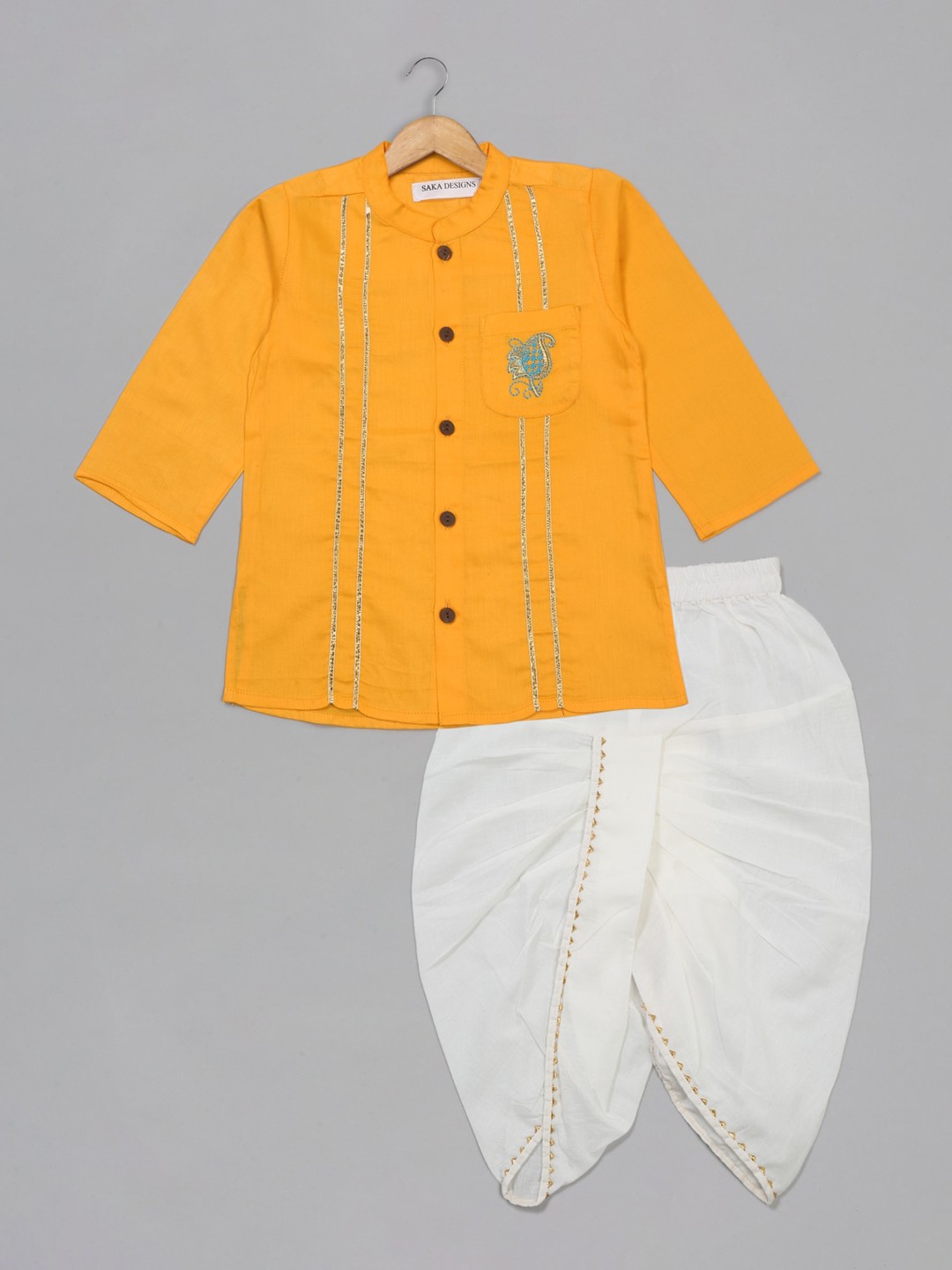 

SAKA DESIGNS Boys Striped Thread Work Pure Cotton Kurta with Dhoti Pants, Yellow