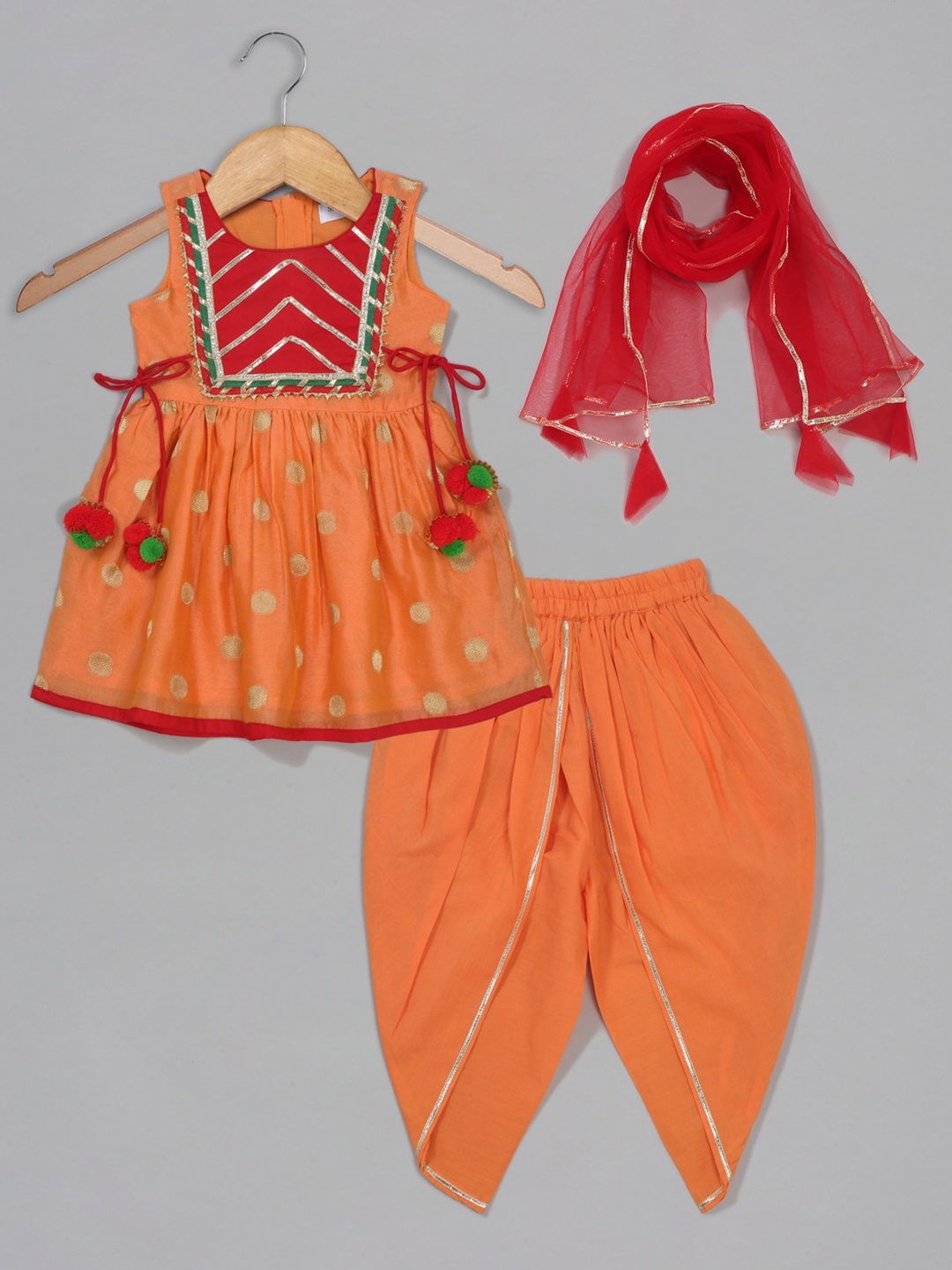 

SAKA DESIGNS Girls Ethnic Motifs Woven Design Pure Cotton Kurta With Dhoti Pants & Dupatta, Orange