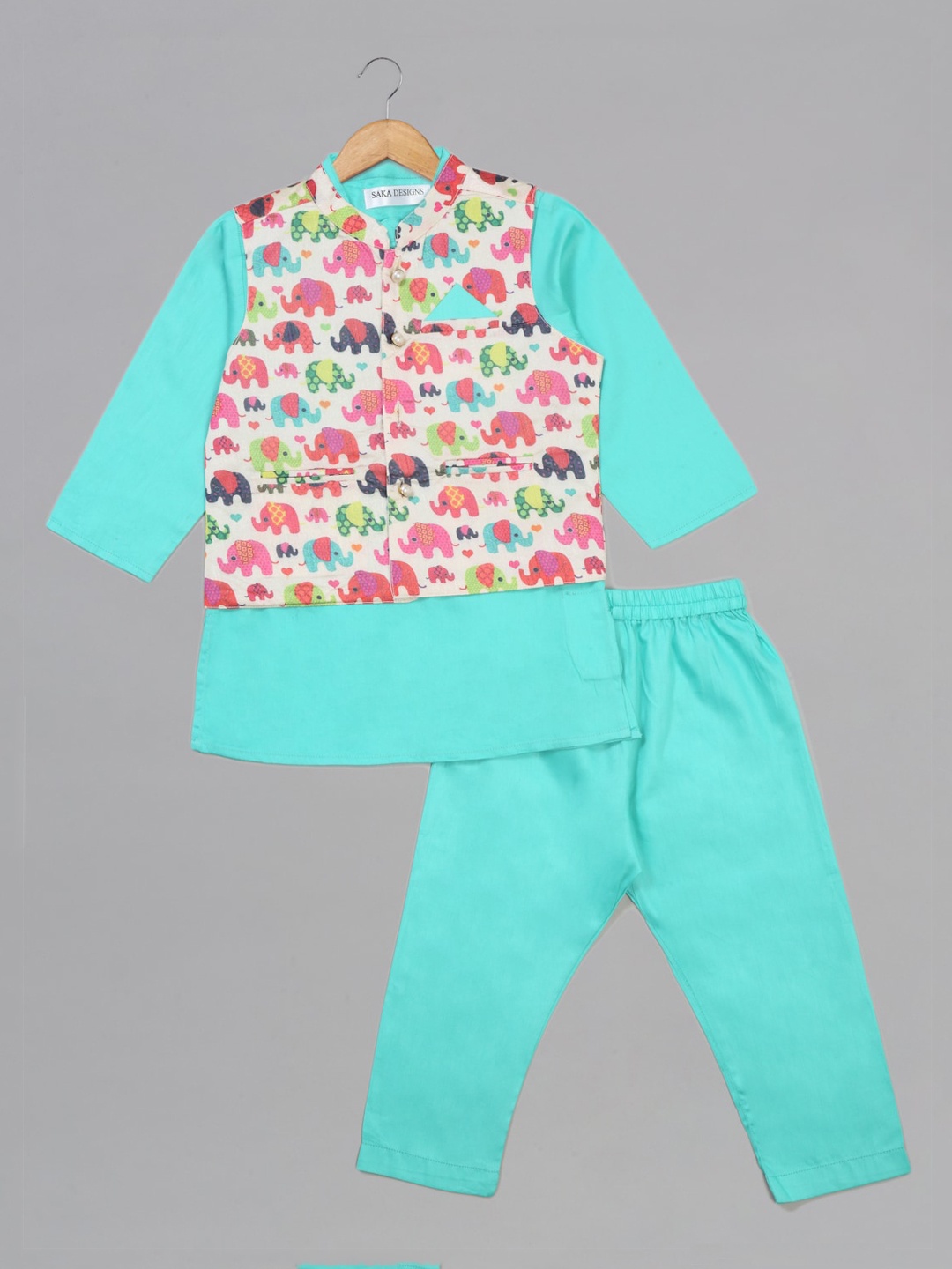

SAKA DESIGNS Boys Band Collar Regular Pure Cotton Kurta With Pyjamas & Printed Jacket, Turquoise blue