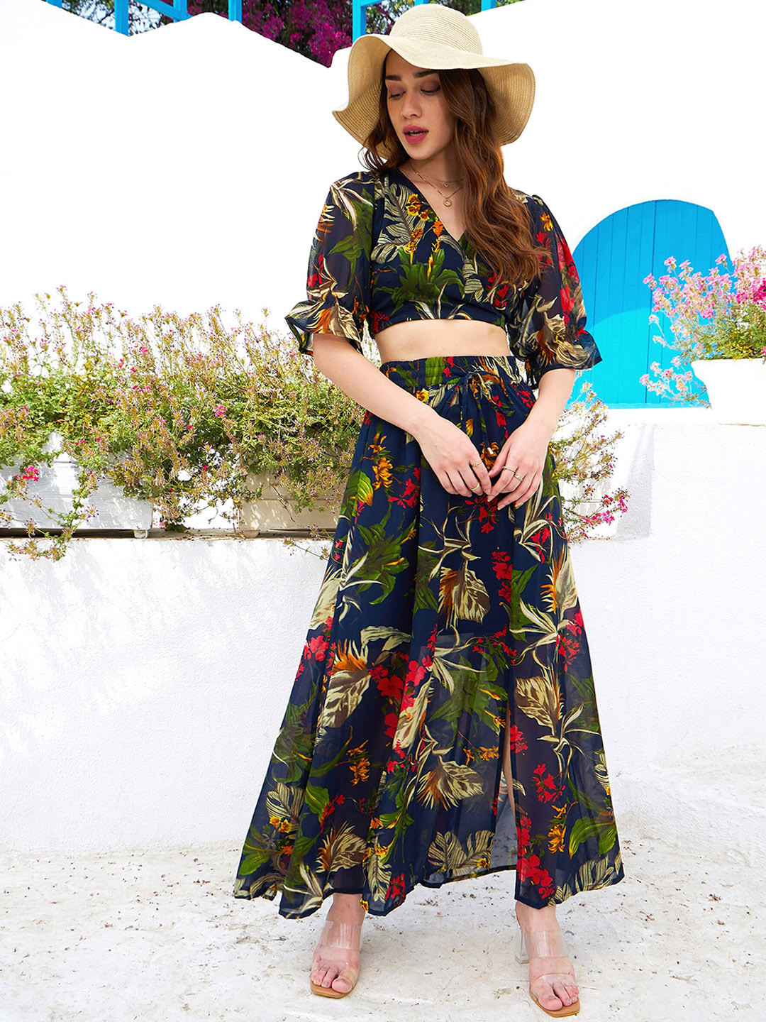 

SASSAFRAS Navy Blue & Green Floral Printed V-Neck Wrap Crop Top With Maxi Skirt