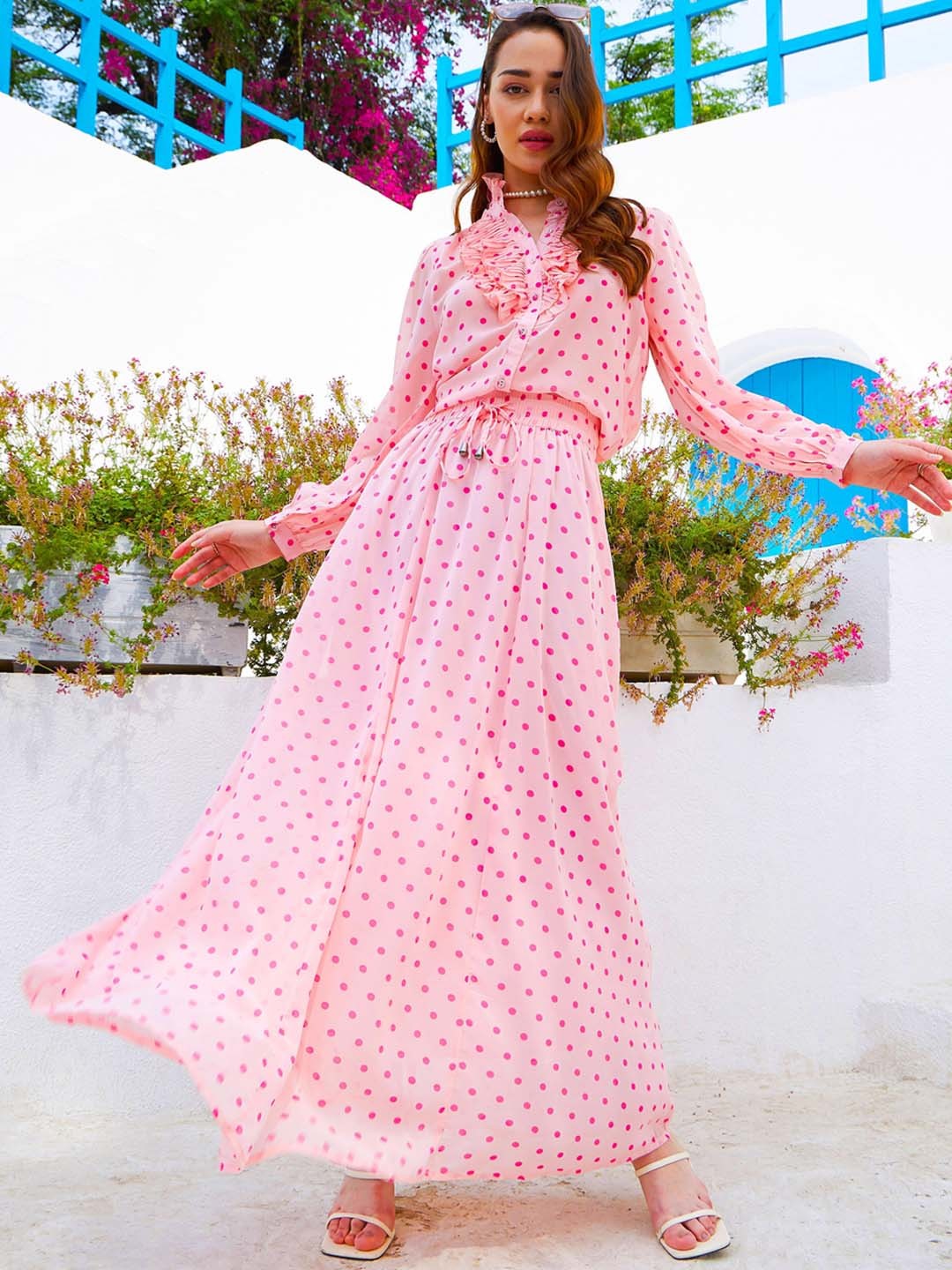 

SASSAFRAS Pink Polka-Dot Printed Shirt With Flared Maxi Skirt