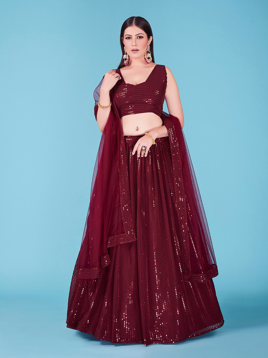 

SHOPGARB Embellished Sequinned Semi-Stitched Lehenga & Unstitched Blouse With Dupatta, Maroon