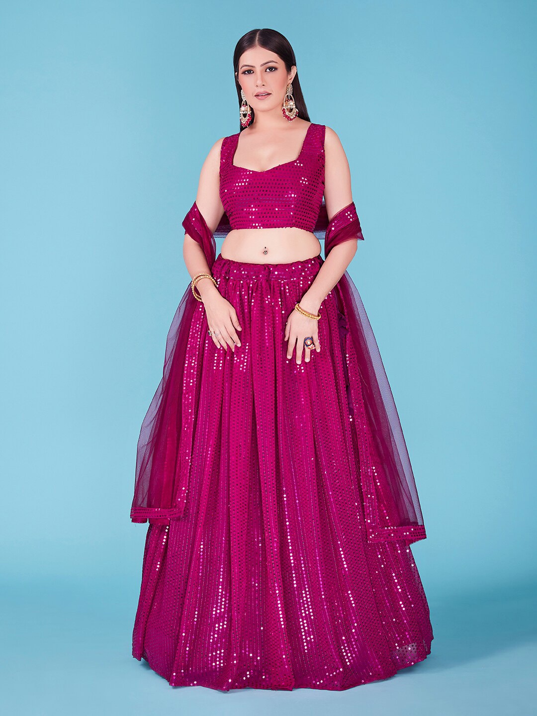 

SHOPGARB Embellished Sequinned Semi-Stitched Lehenga & Unstitched Blouse With Dupatta, Burgundy