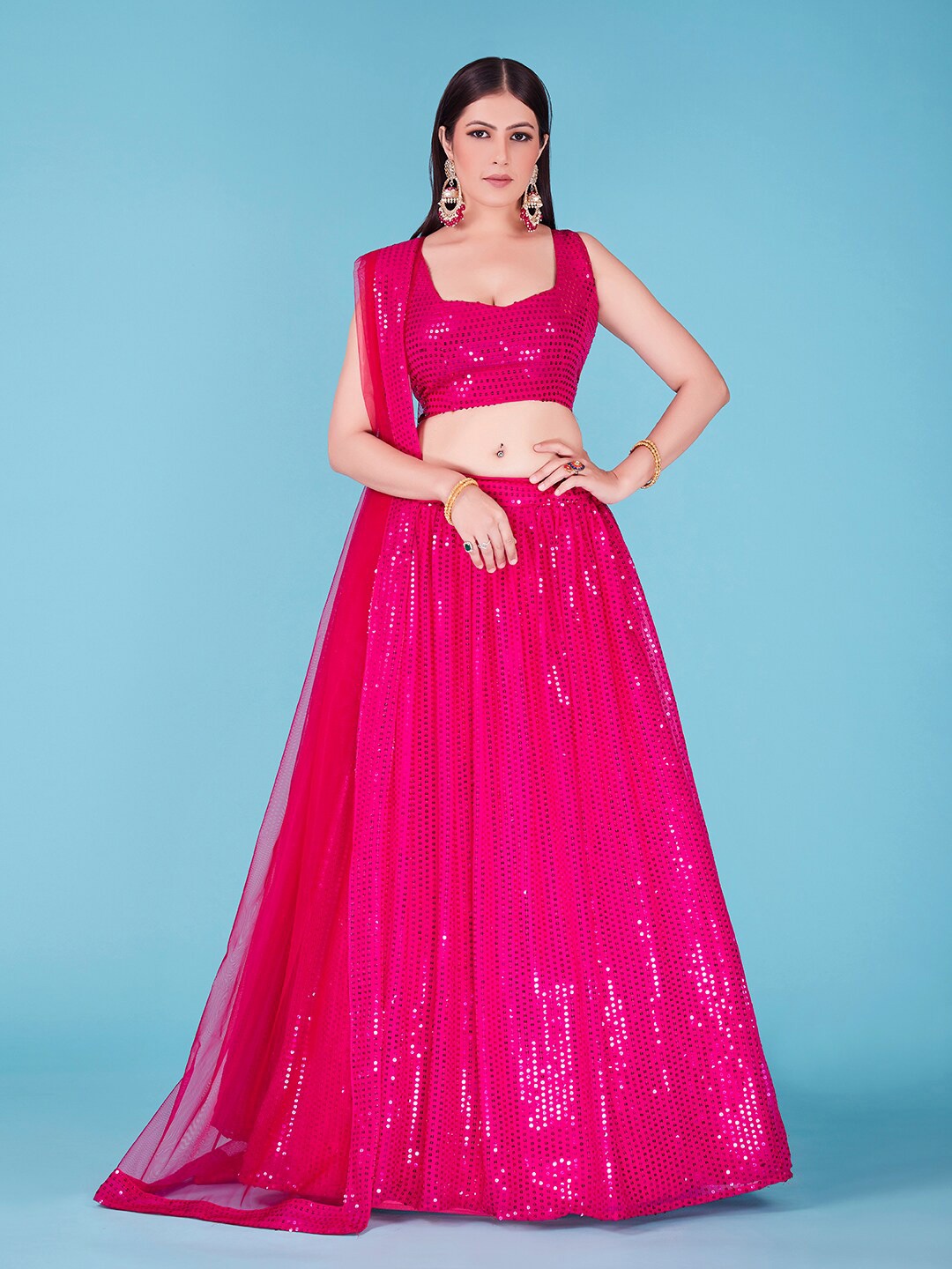 

SHOPGARB Embellished Sequinned Semi-Stitched Lehenga & Unstitched Blouse With Dupatta, Pink