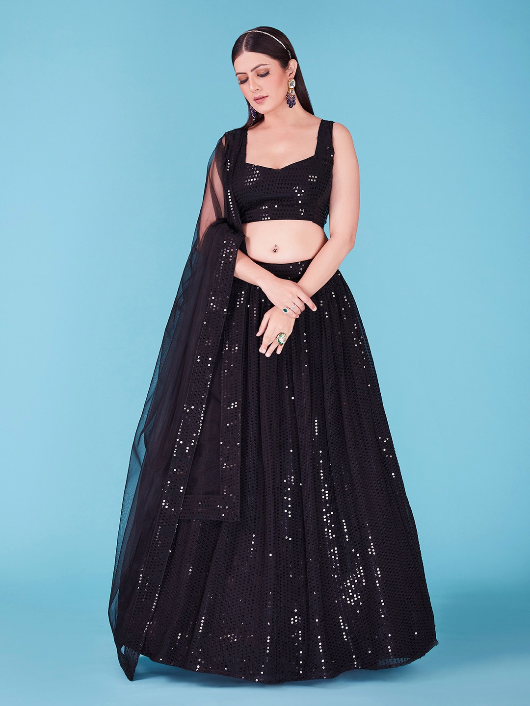 

SHOPGARB Embellished Sequinned Semi-Stitched Lehenga & Unstitched Blouse With Dupatta, Black