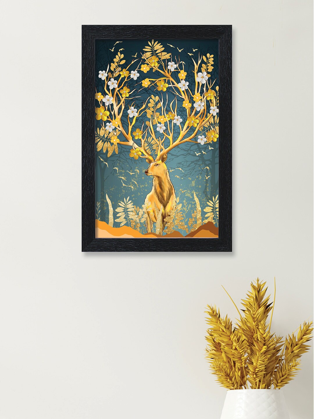 

nest ART Black & Golden Colored Deer Printed Painting Framed Wall Art, Blue