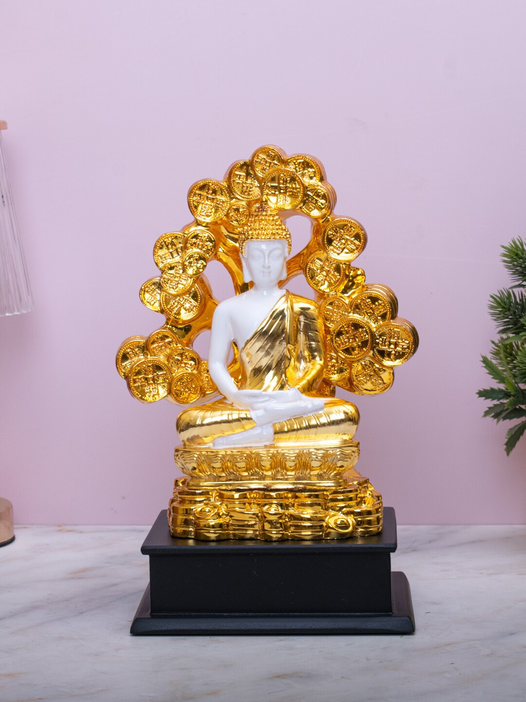 

StatueStudio Golden-Toned & White Textured Buddha with Money Tree Figurine Showpiece, Gold