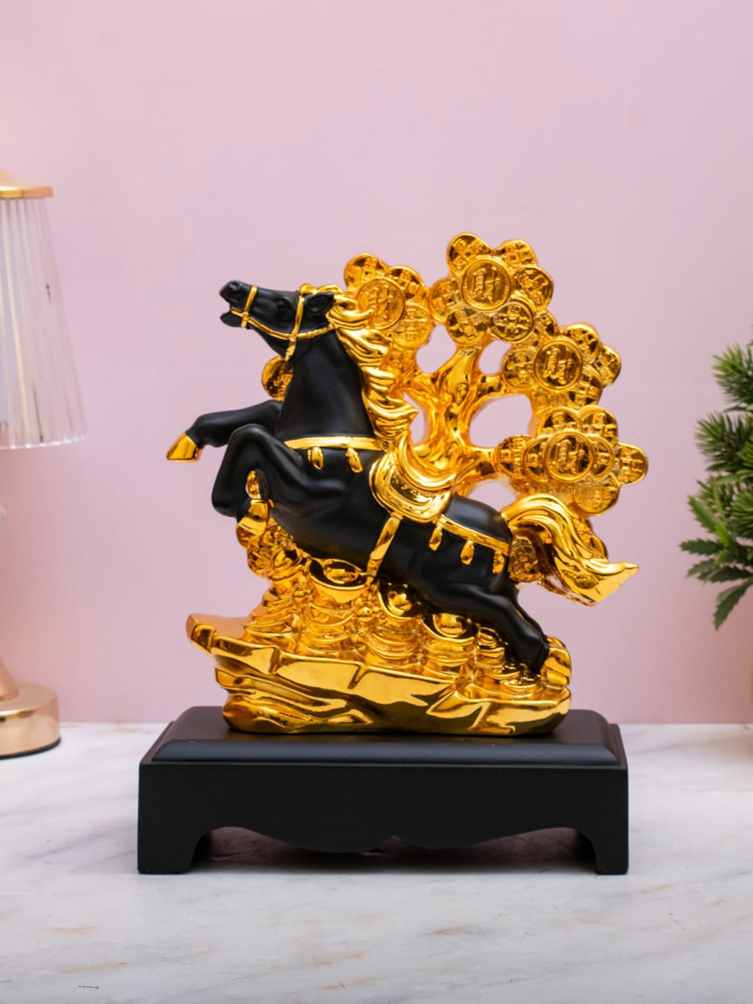 

StatueStudio Dcor Black & Gold-Toned Horse With Wealth Tree Showpiece