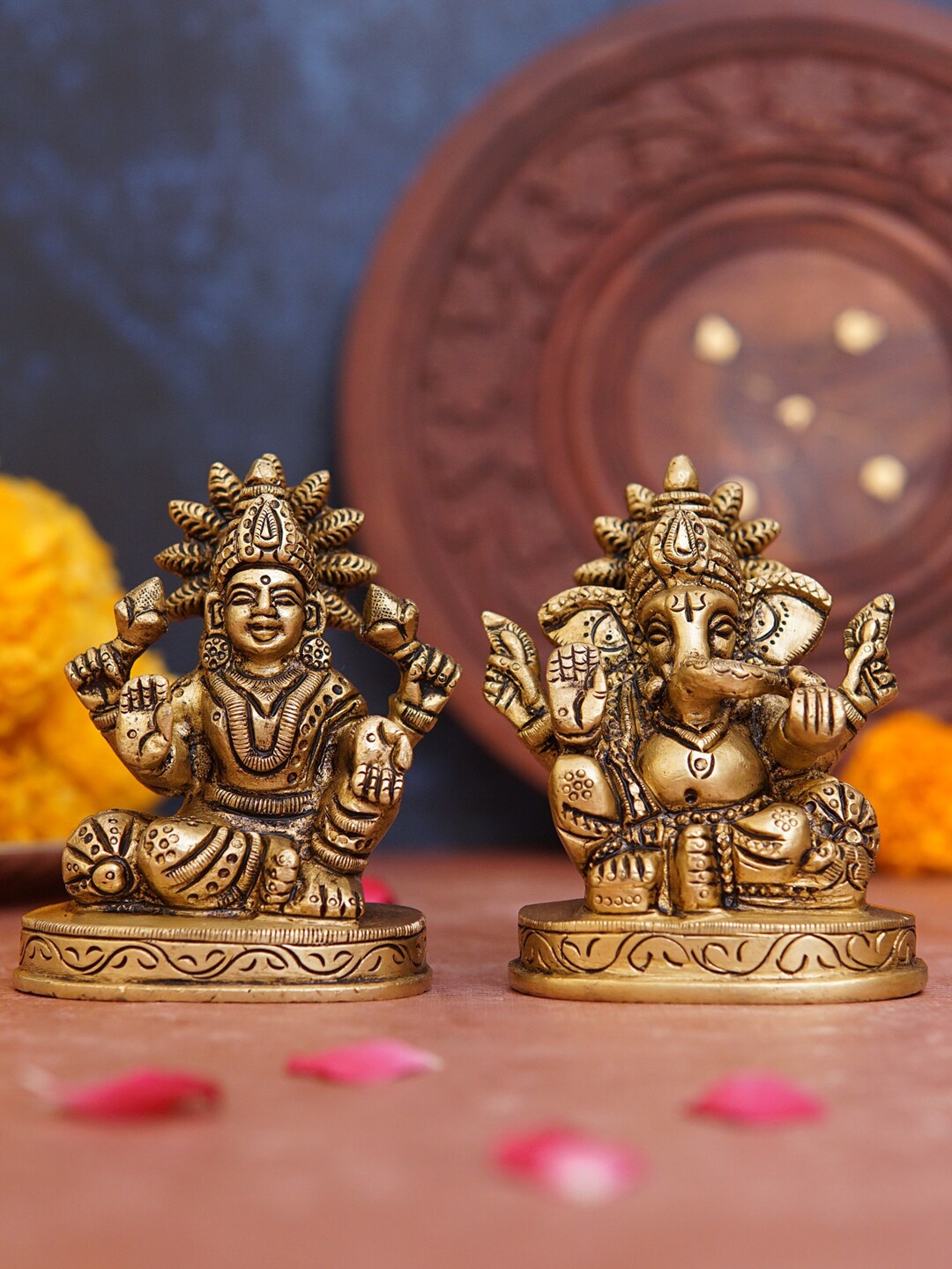 

StatueStudio Gold Toned 2 Pieces Brass Ganesha Laxmi Idol Showpieces