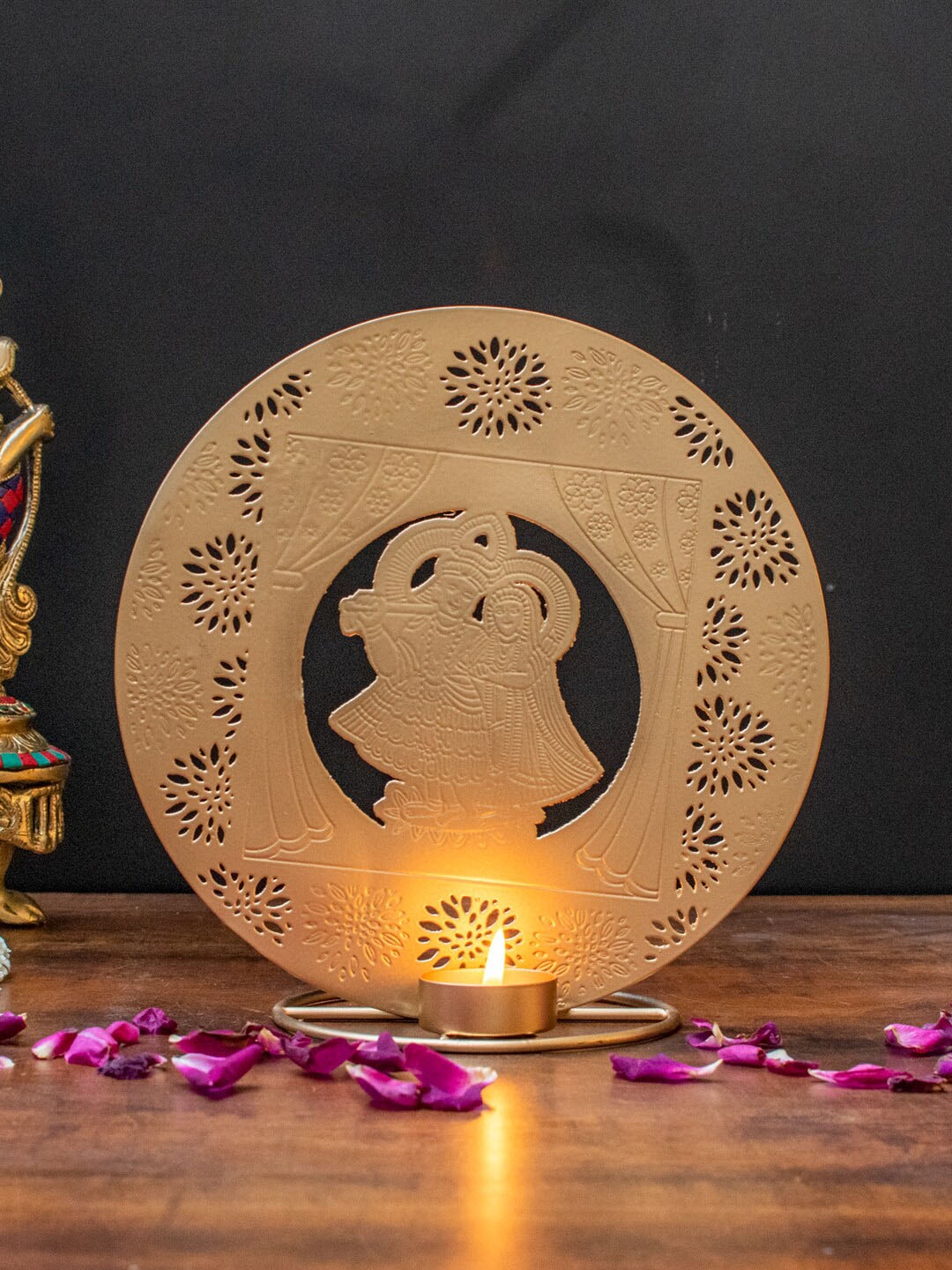 

StatueStudio Golden Radha Krishna Tea Light Metal Candle Holder, Gold