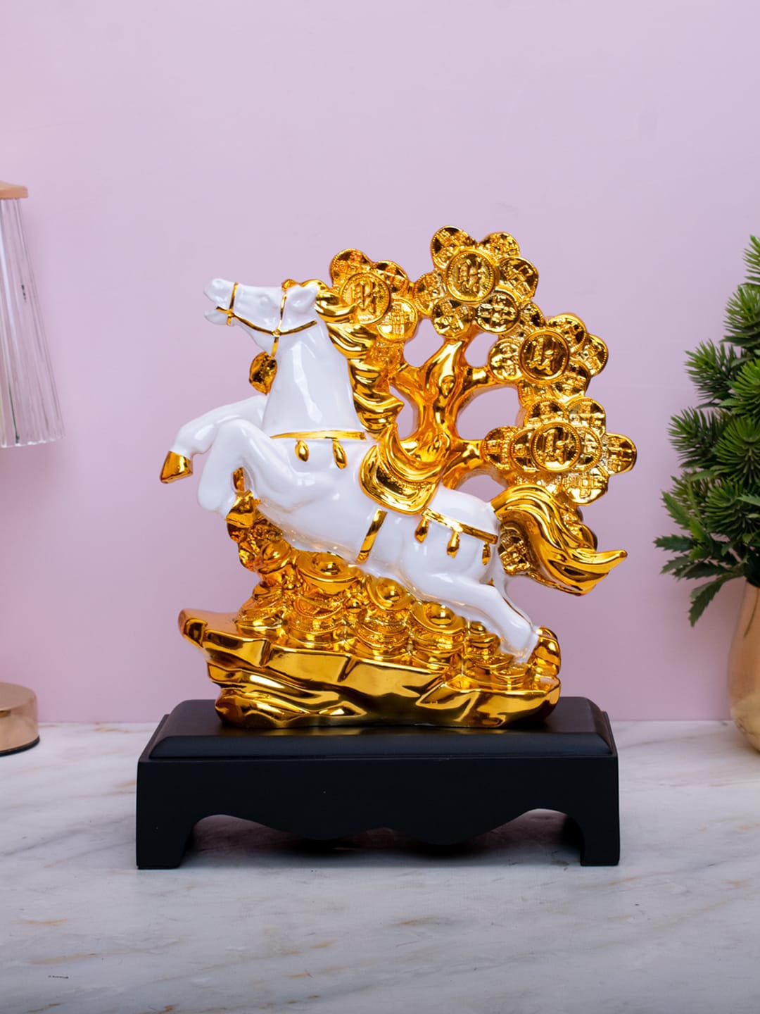 

StatueStudio Decor Gold-Toned & White Horse With Wealth Tree Polyresin Showpiece