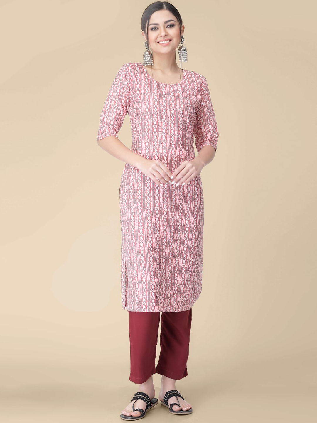 

7Threads Geometric Printed Crepe Kurta, Pink