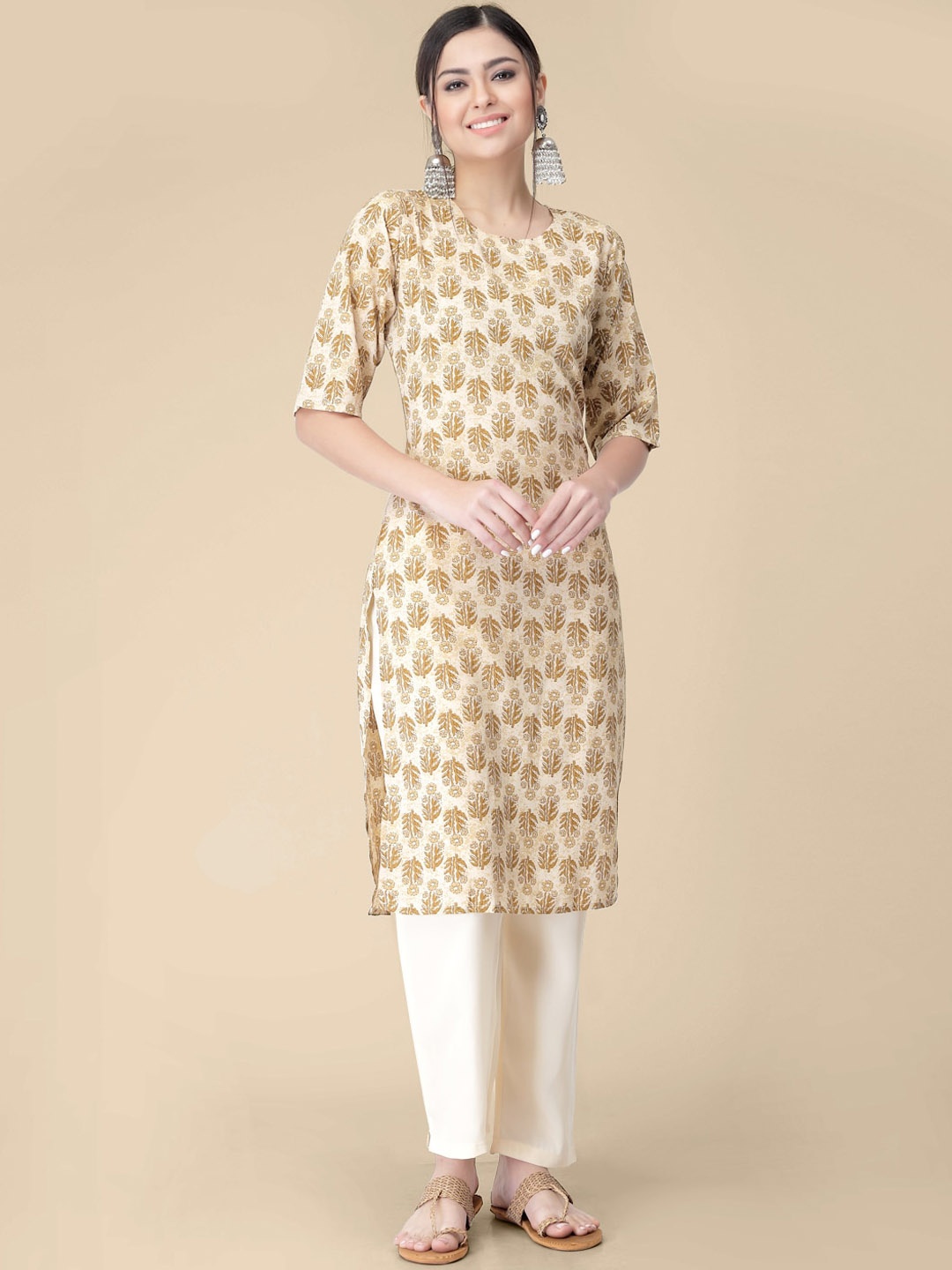 

7Threads Floral Printed Crepe Kurta, Mustard