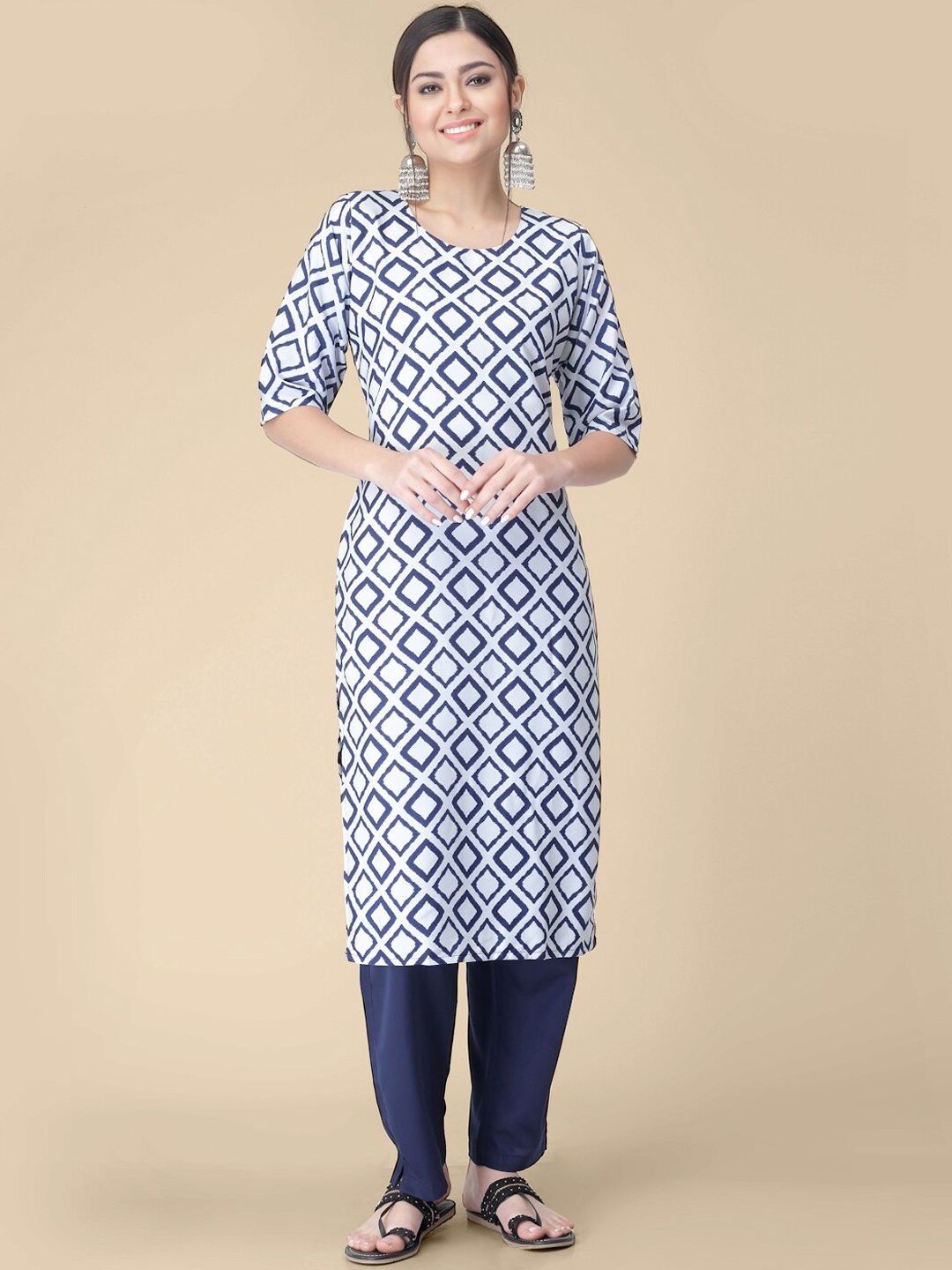 

7Threads Geometric Printed Crepe Kurta, Blue