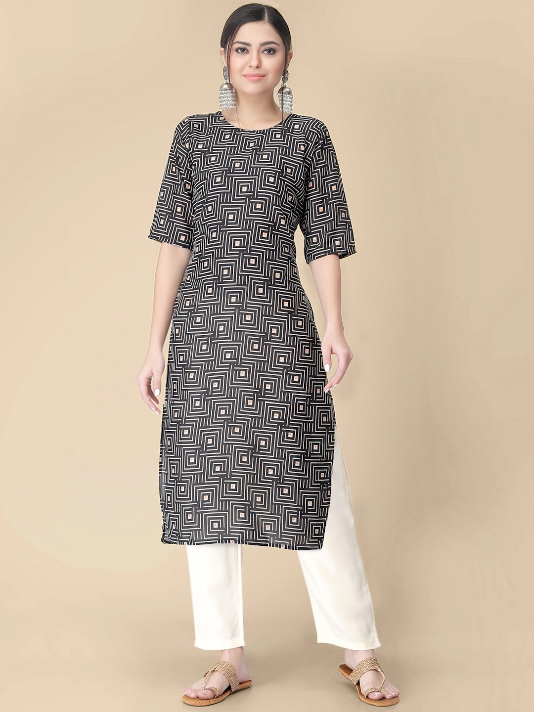 7Threads Geometric Printed Regular Straight Kurta, Black