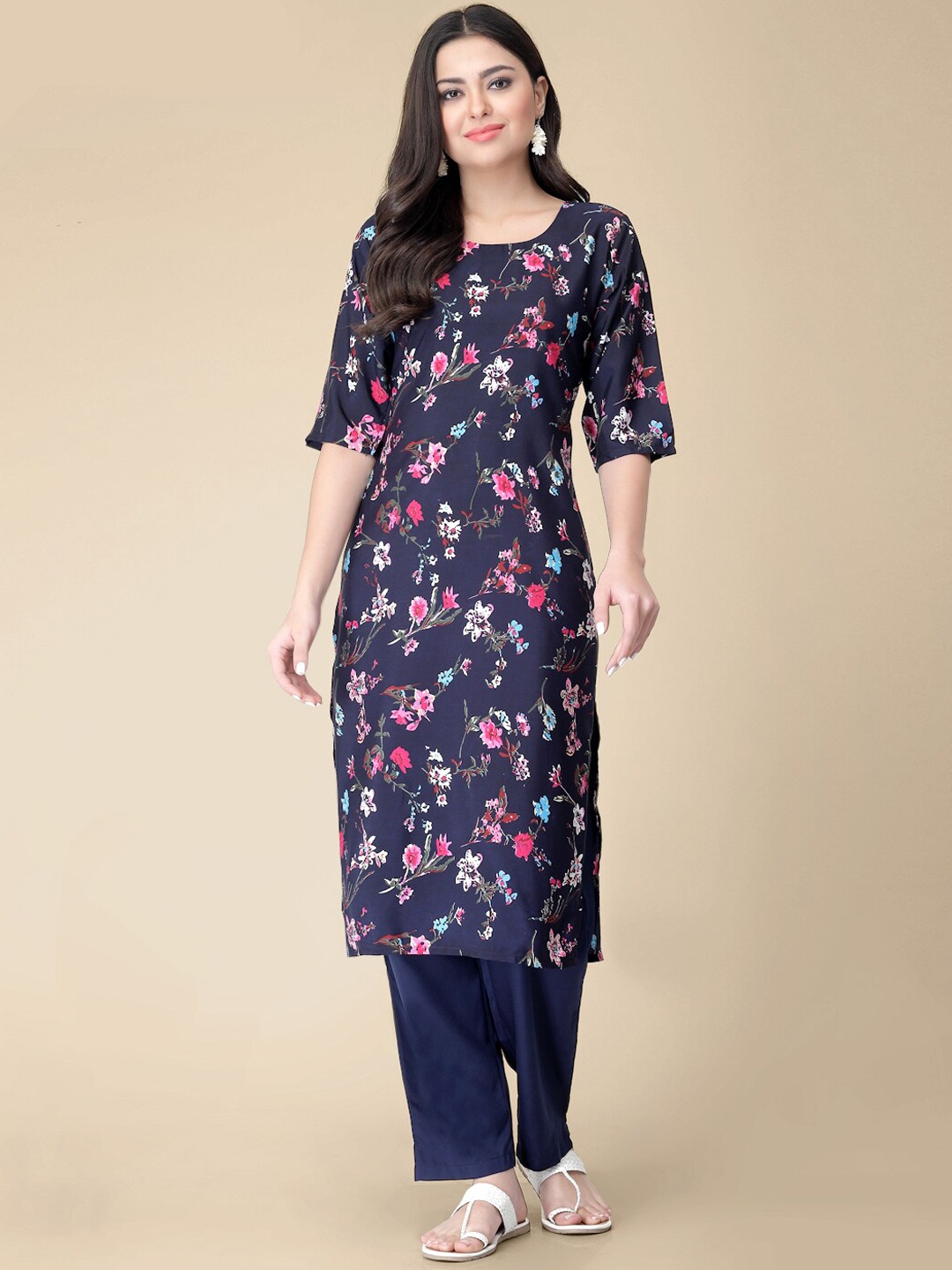 

7Threads Floral Printed Crepe Kurta, Navy blue