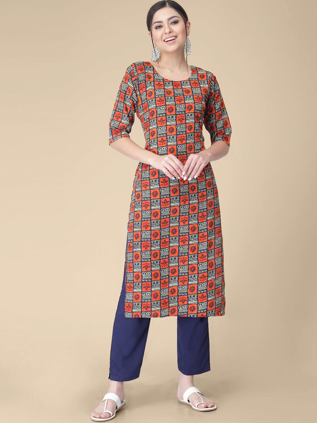 

7Threads Geometric Printed Crepe Straight Kurta, Red