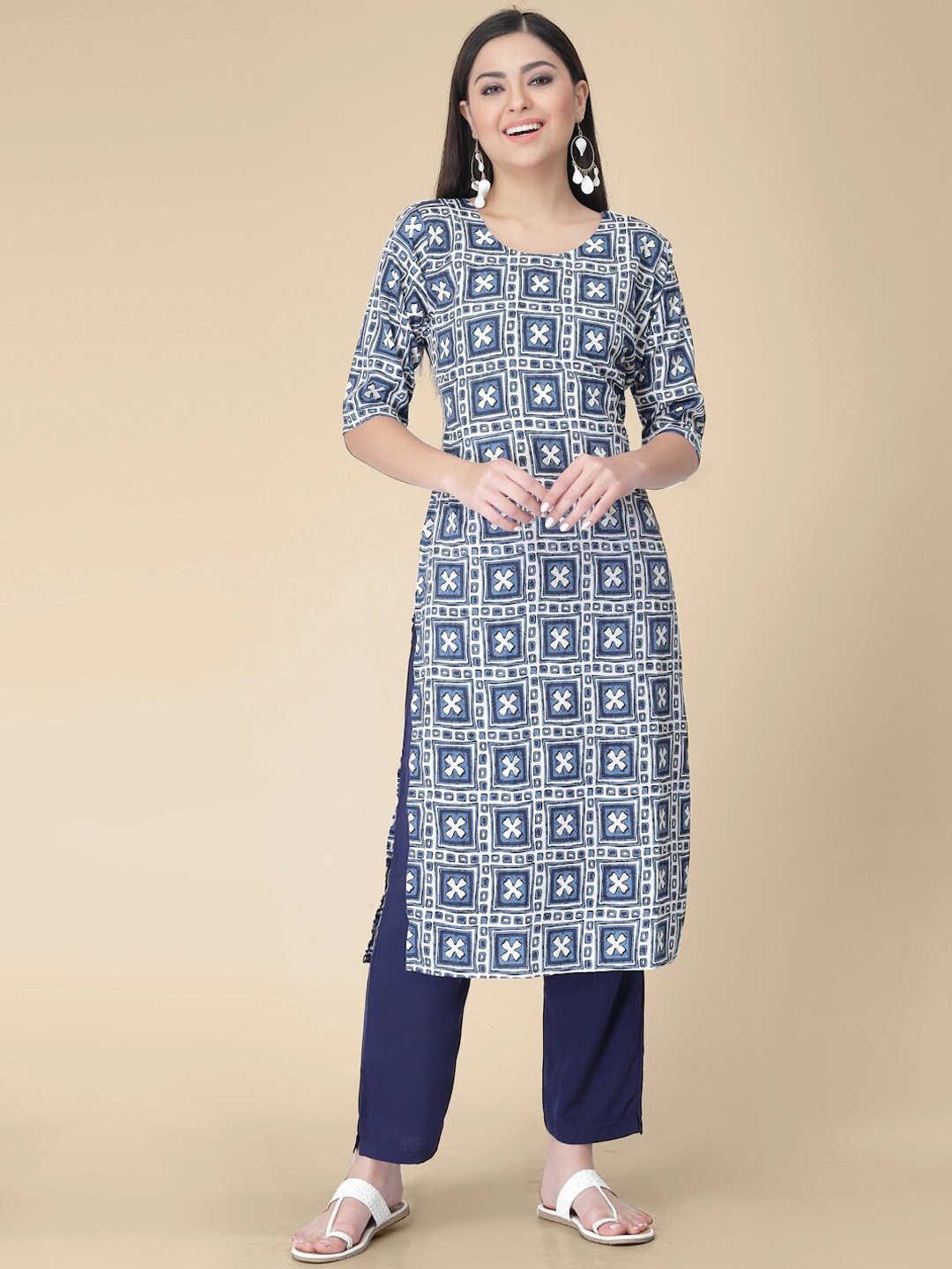 

7Threads Geometric Printed Regular Straight Kurta, Blue