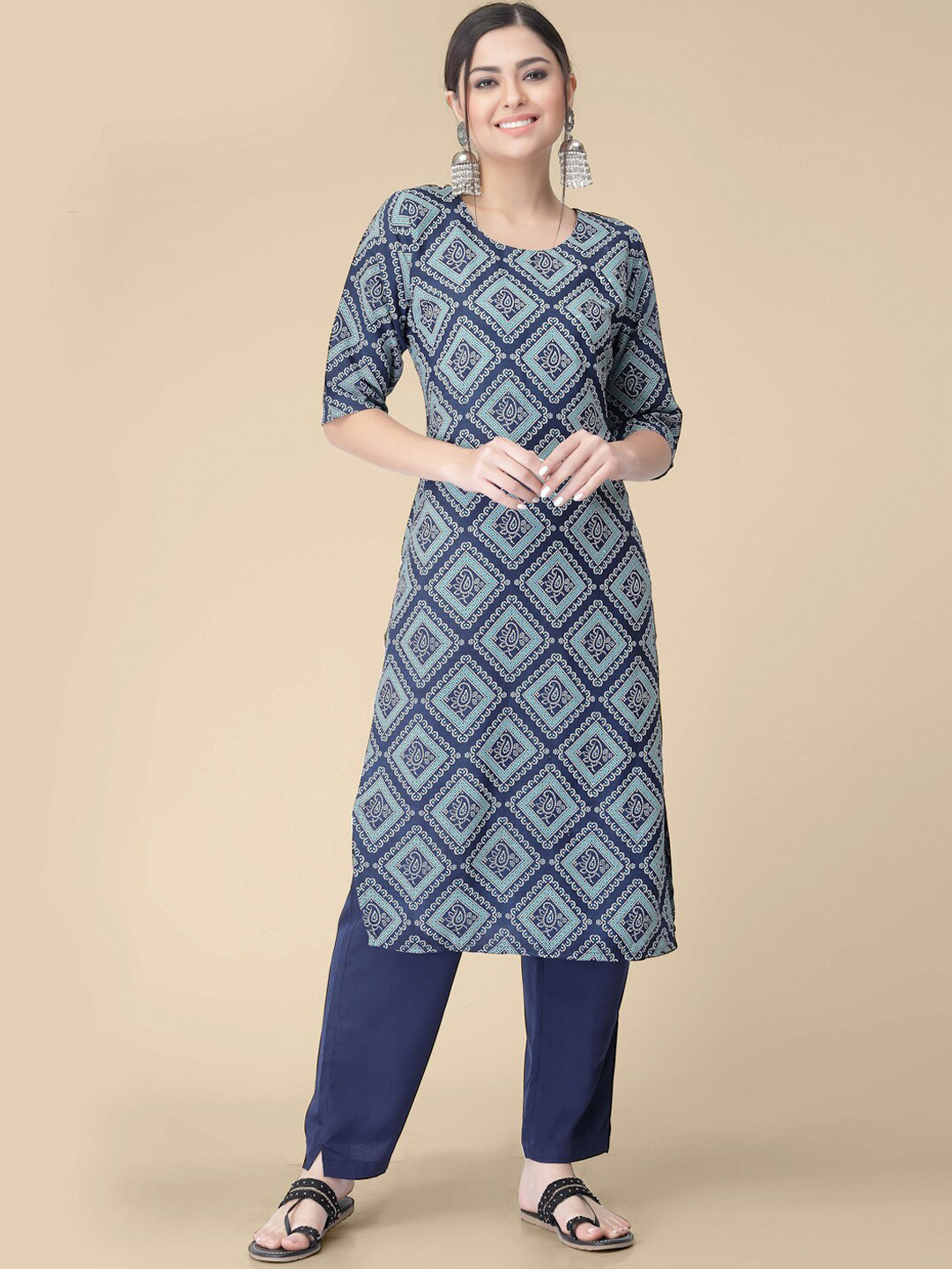 

7Threads Ethnic Motifs Printed Crepe Kurta, Blue
