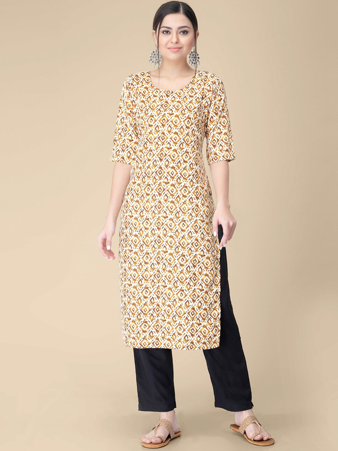 

7Threads Geometric Printed Crepe Kurta, Mustard