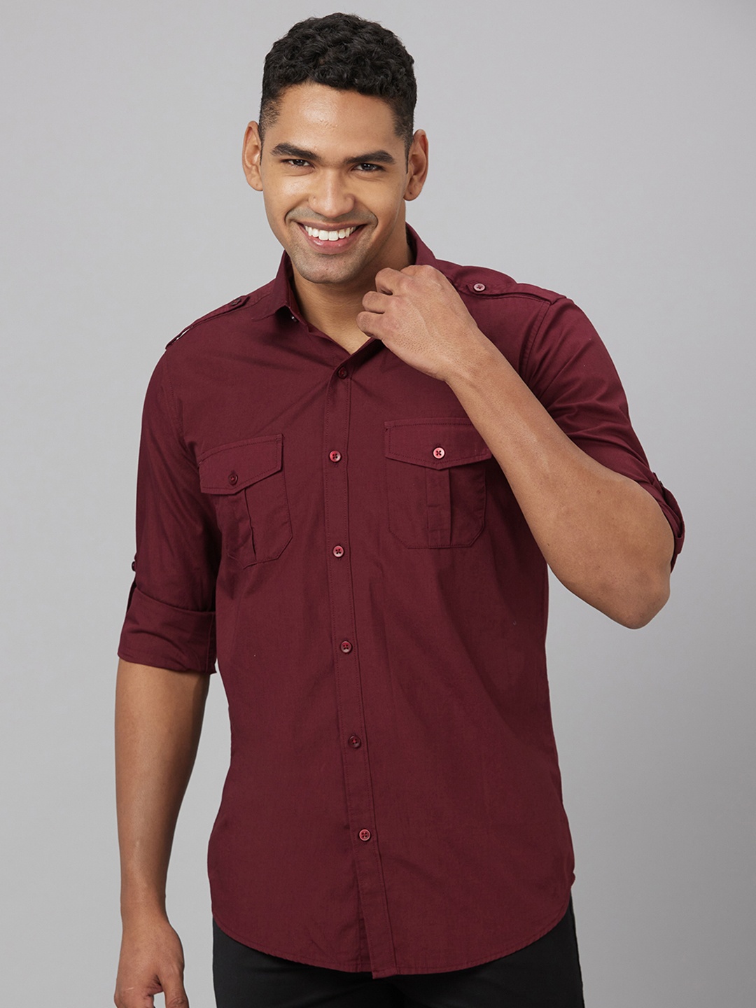 

Pontiac Roll-Up Sleeves Cotton Linen Casual Shirt, Maroon