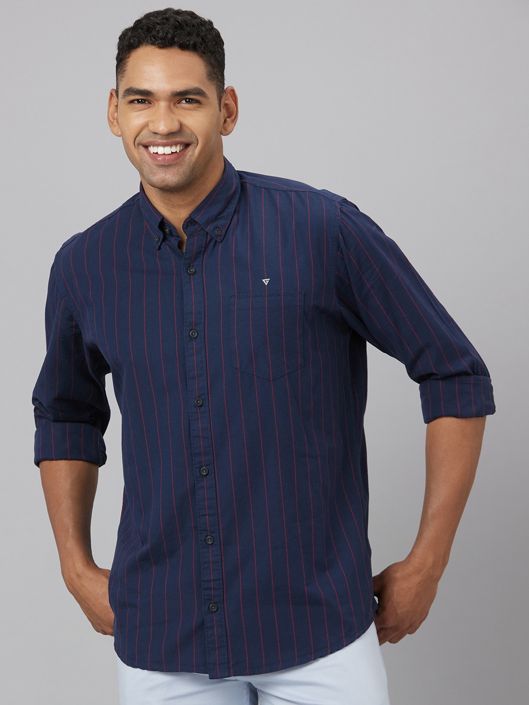 

Pontiac Stripes Button-Down Collar Cotton Linen Casual Shirt, Blue