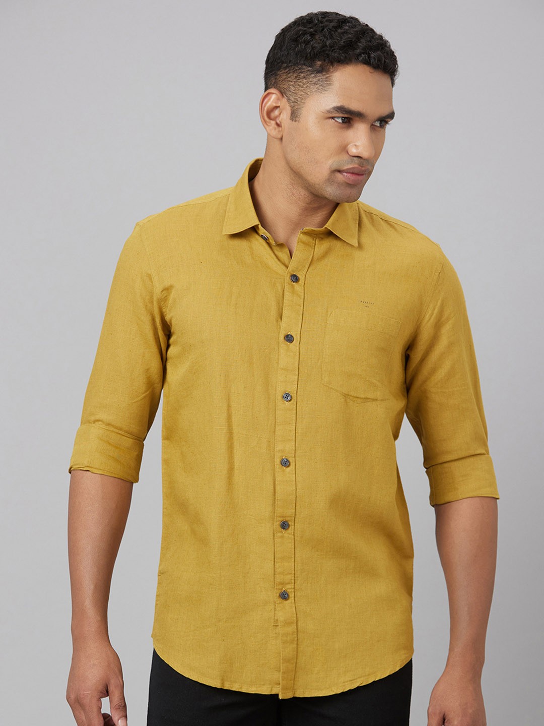 

Pontiac Spread Collar Regular Fit Cotton Linen Casual Shirt, Mustard