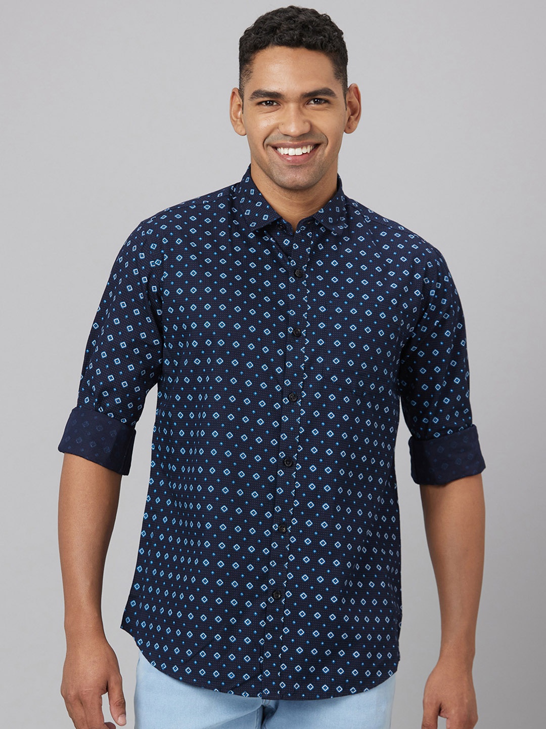 

Pontiac Geometric Printed Cotton Linen Casual Shirt, Navy blue