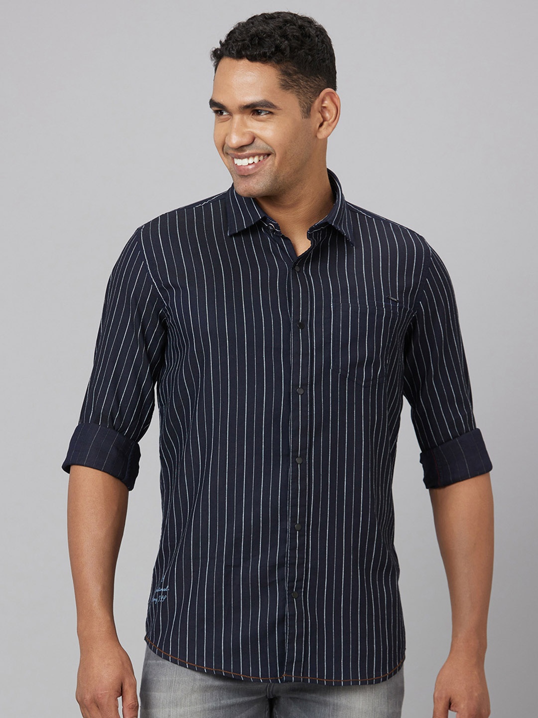 

Pontiac Vertical Striped Cotton Linen Casual Shirt, Navy blue