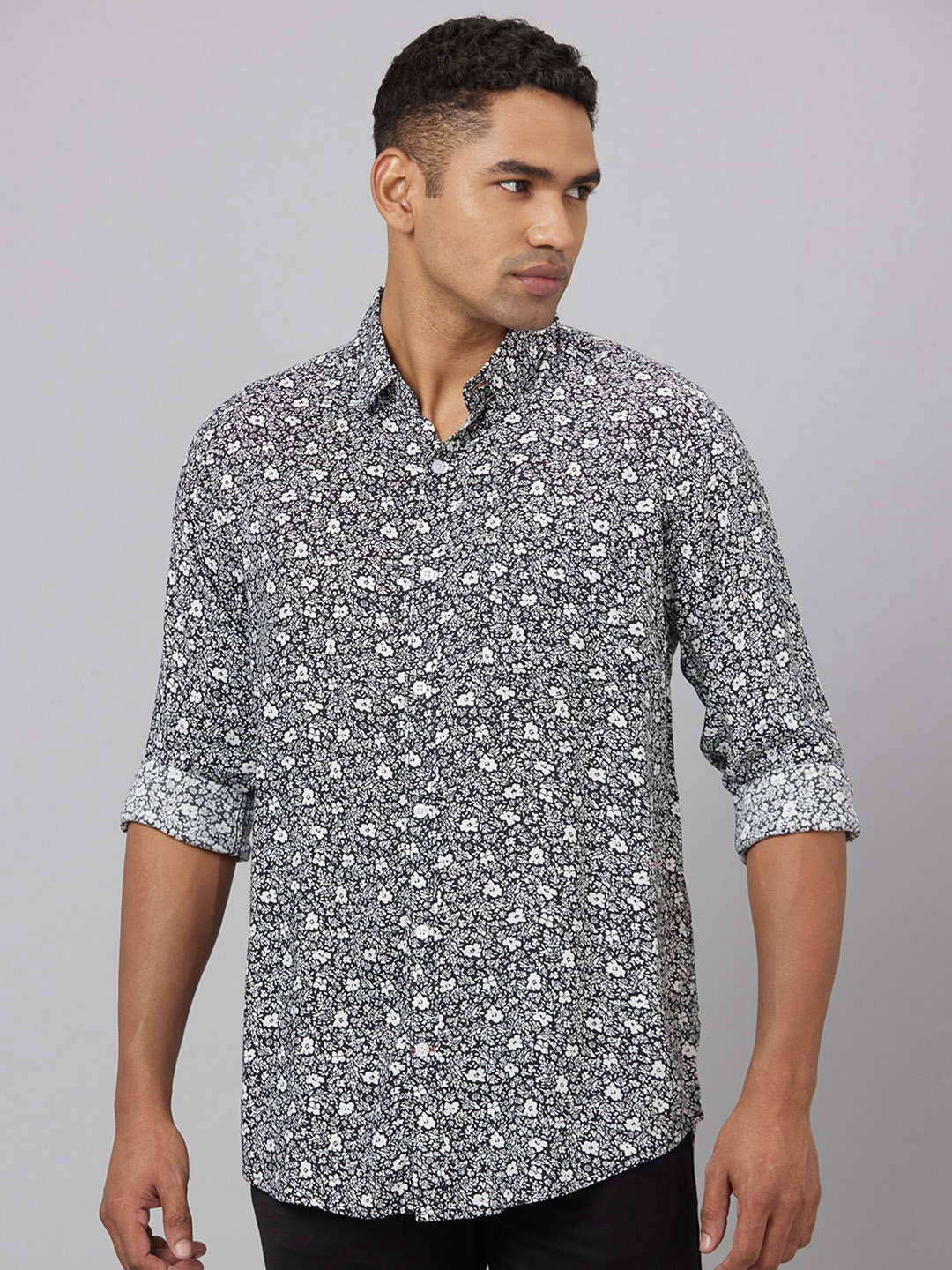 

Pontiac Floral Printed Cotton Linen Casual Shirt, Black