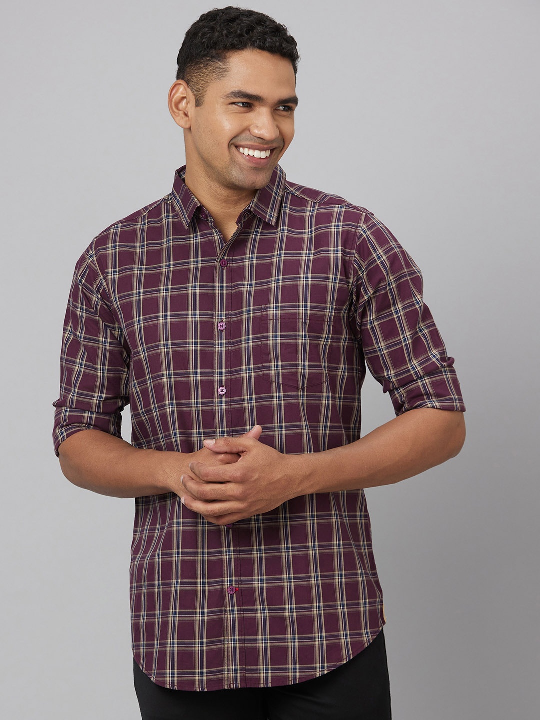 

Pontiac Tartan Checked Cotton Linen Casual Shirt, Burgundy