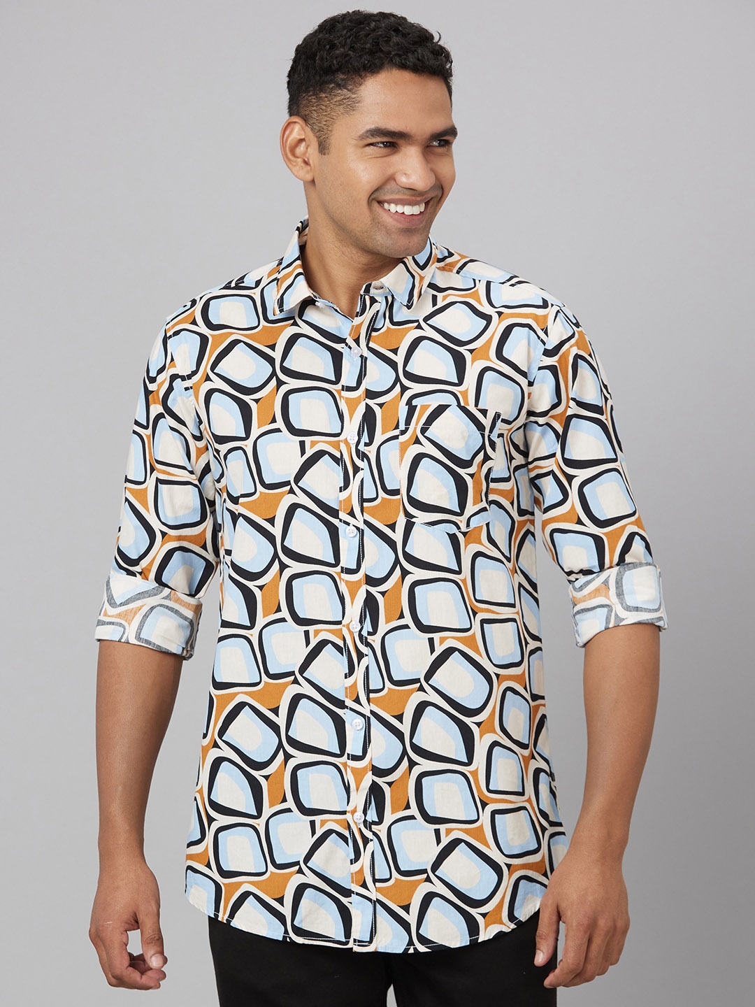 

Pontiac Geometric Printed Cotton Linen Casual Shirt, White