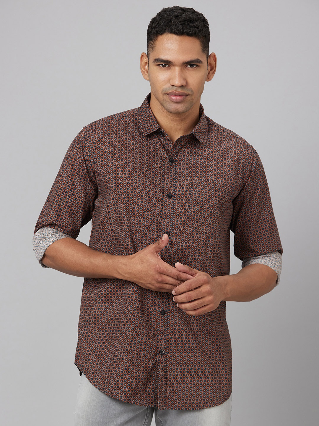 

Pontiac Geometric Printed Cotton Linen Casual Shirt, Coffee brown