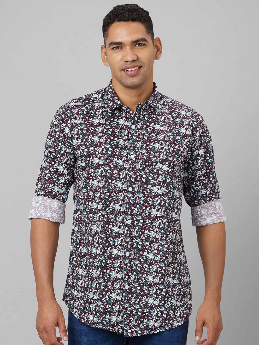 

Pontiac Floral Printed Cotton Linen Casual Shirt, Coffee brown