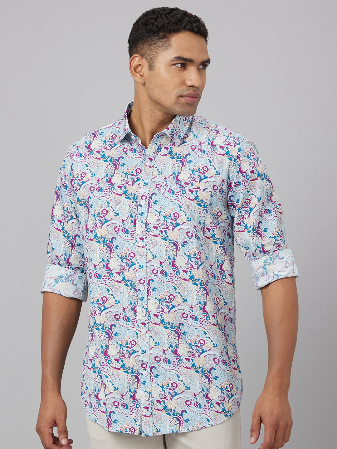 

Pontiac Floral Printed Cotton Linen Casual Shirt, Blue