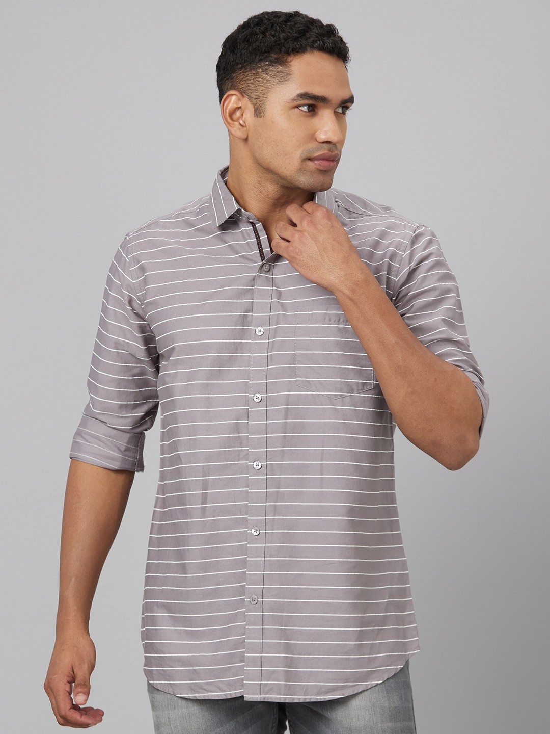 

Pontiac Horizontal Striped Cotton Linen Casual Shirt, Grey