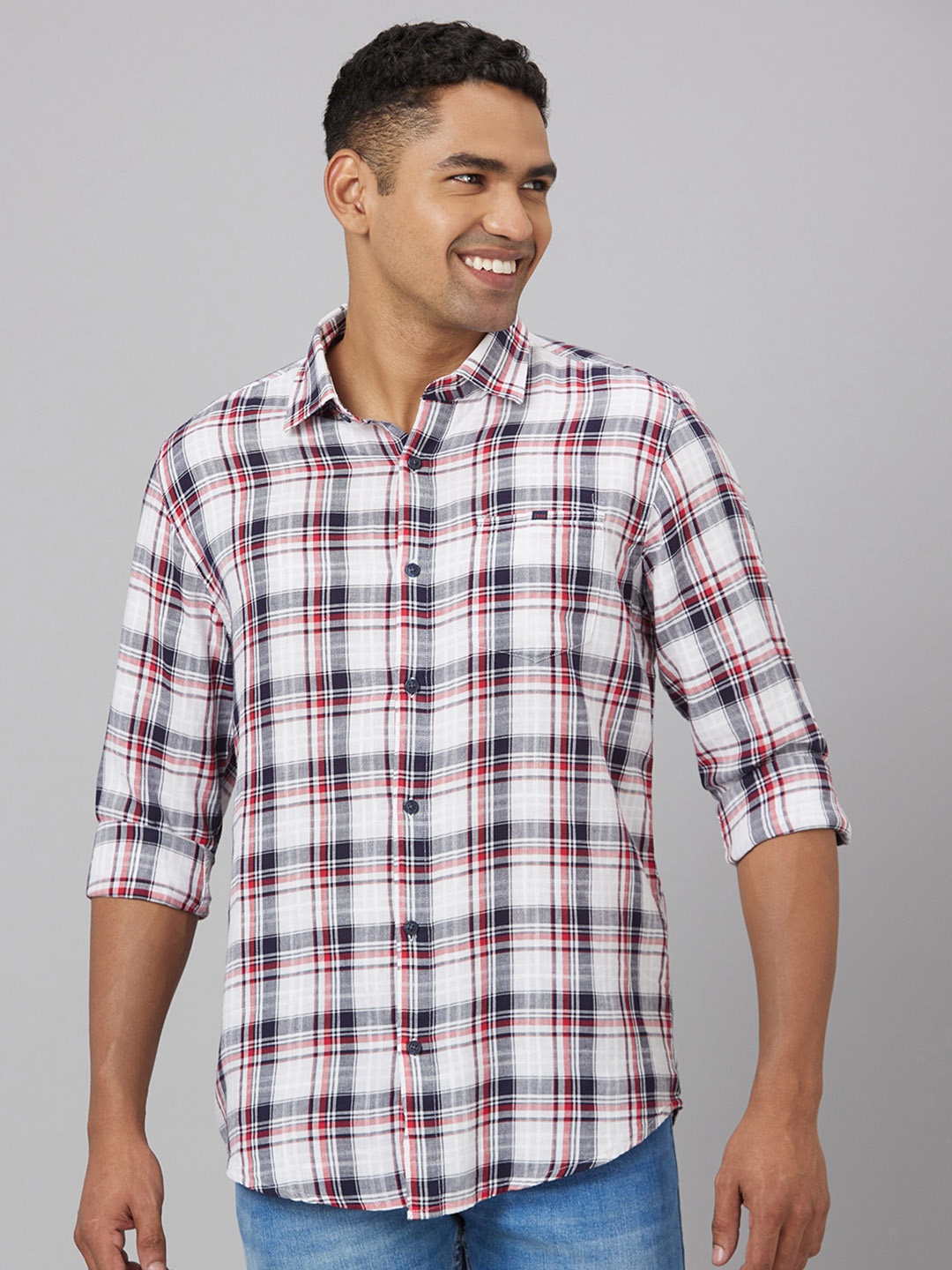 

Pontiac Tartan Checked Cotton Linen Casual Shirt, White