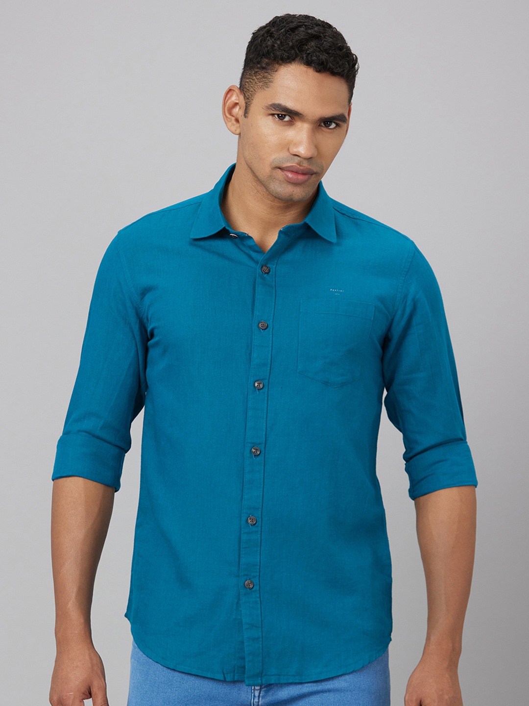 

Pontiac Spread Collar Cotton Linen Casual Shirt, Blue