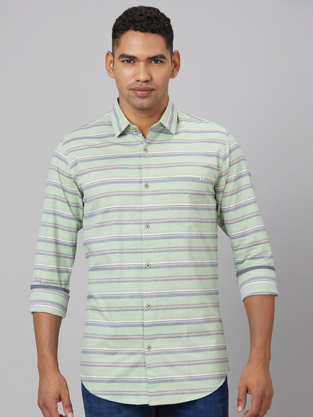 

Pontiac Horizontal Striped Cotton Lenin Casual Shirt, Green