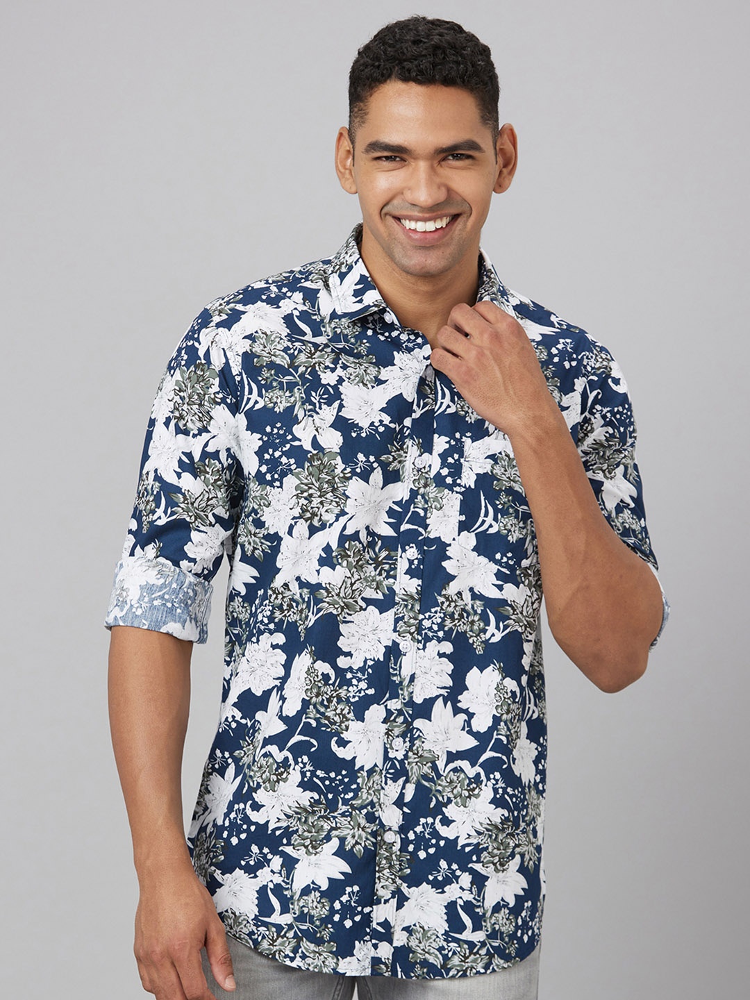 

Pontiac Floral Printed Pure Lenin Casual Shirt, Blue