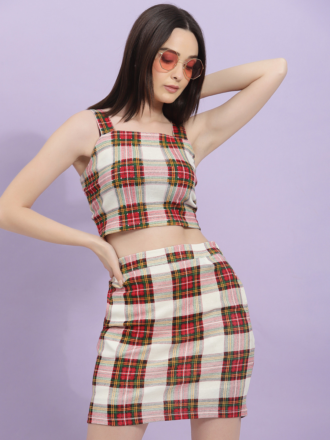 

Rigo Printed Check Crop Top with Skirt Co-Ord Set, Red