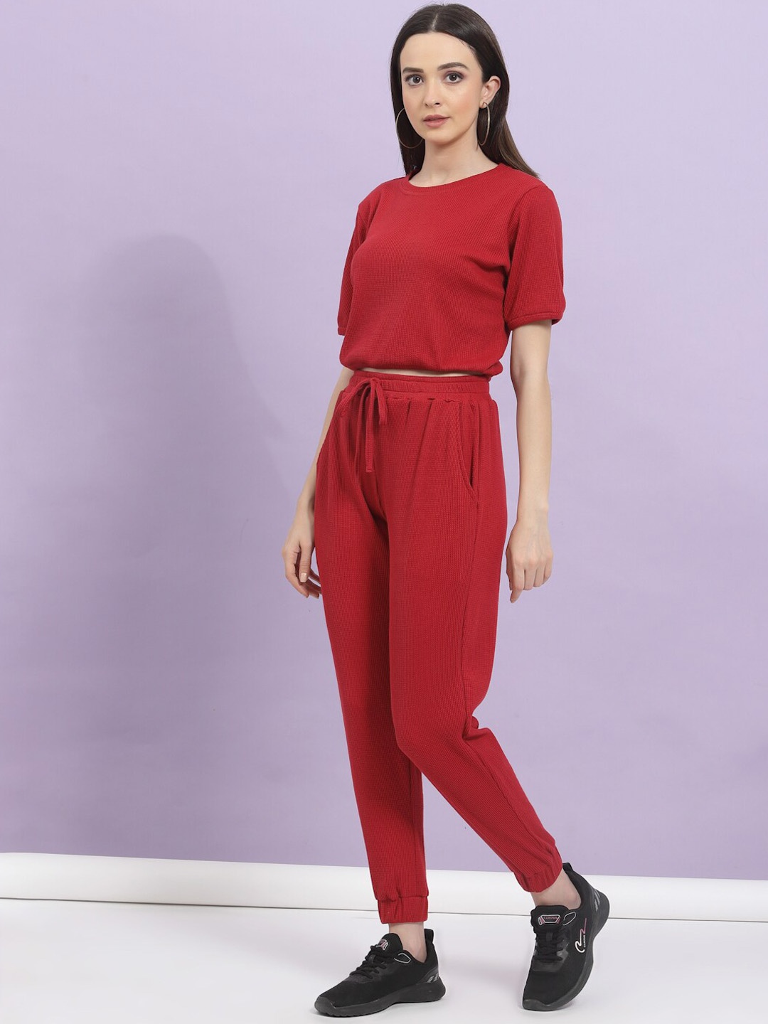 

Rigo Self-Textured Pure Cotton Waffle Knit Top Joggers Co-ord Set, Maroon