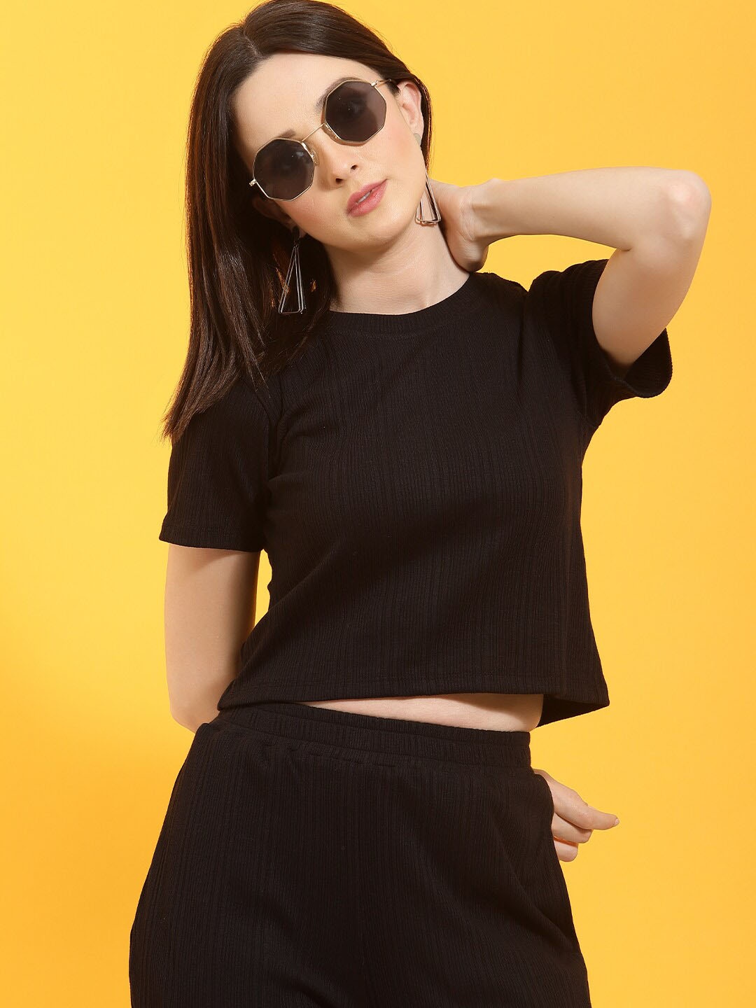 

Rigo Pure Cotton Crop Top with Trousers Co-Ord Set, Black