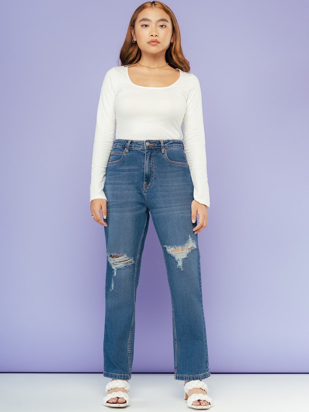 

FREAKINS Women High-Rise Mildly Distressed Heavy Fade Pure Cotton Mom Jeans, Blue