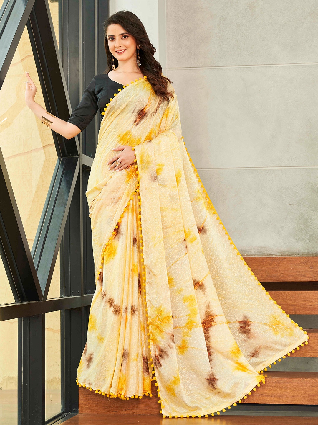 

Tikhi Imli Tie and Dye Saree With Pompom Lace, Yellow