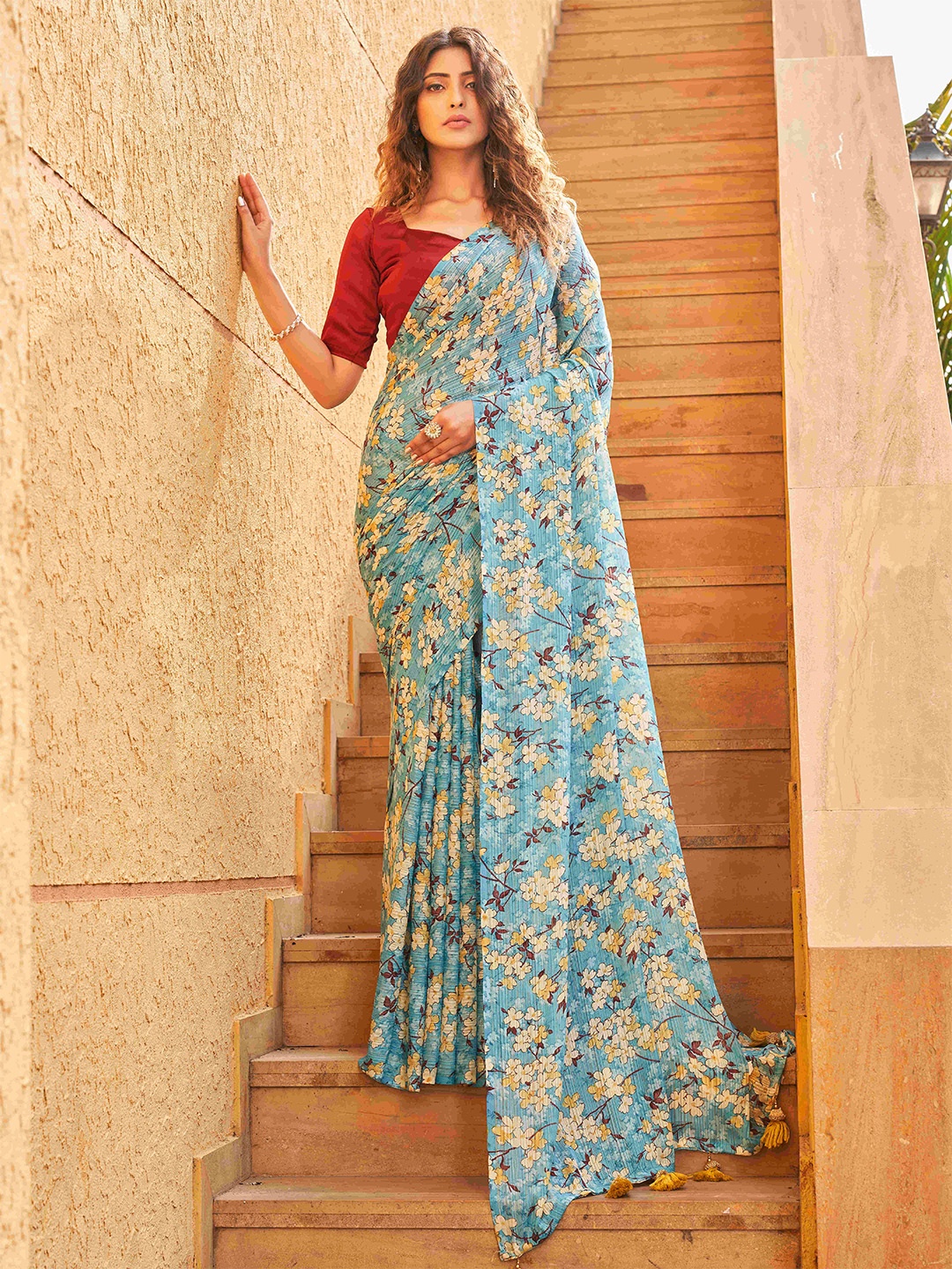 

Tikhi Imli Floral Printed Saree With Tassles, Blue