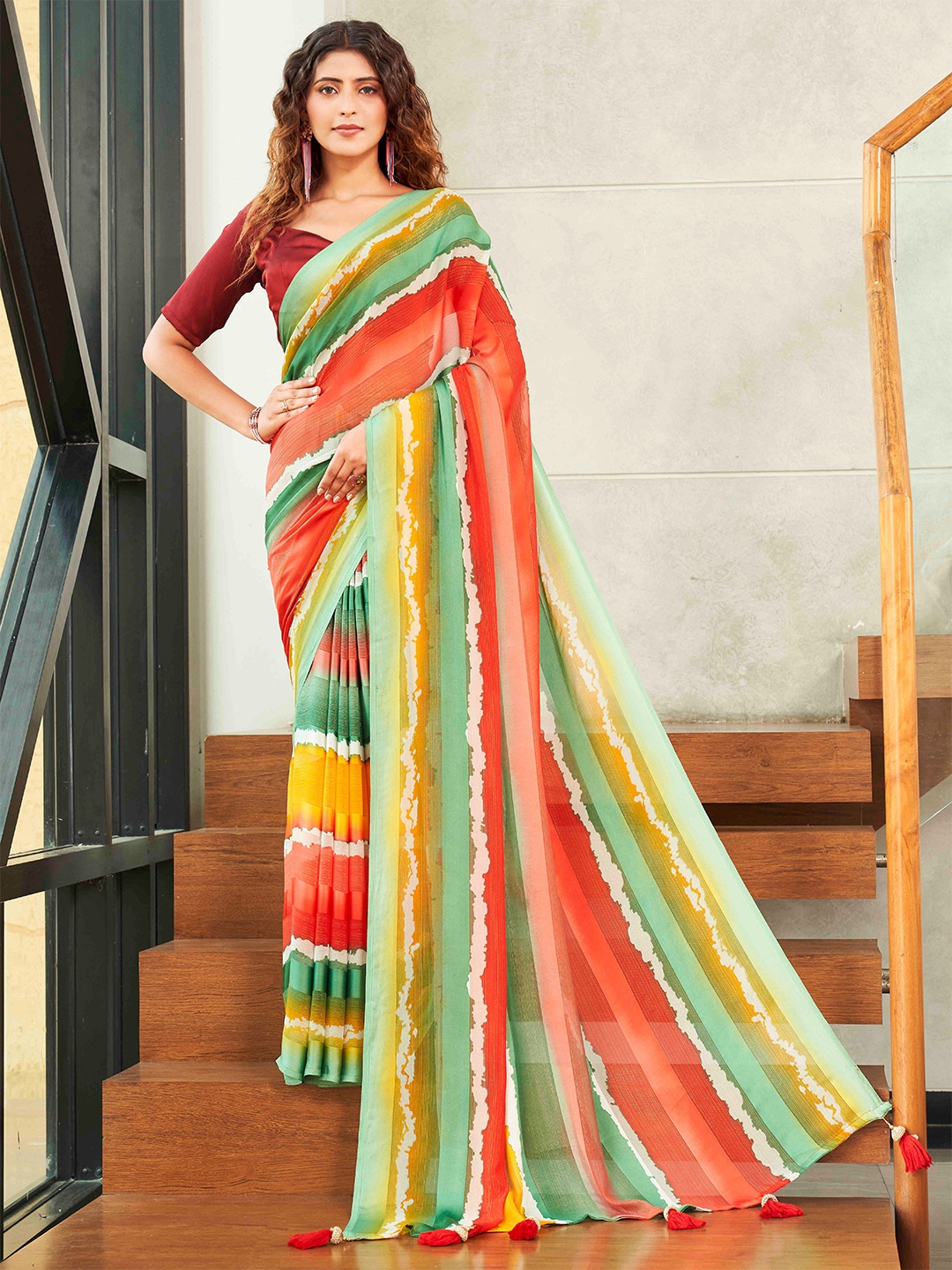 

Tikhi Imli Striped Printed Satin Saree With Tassel, Green