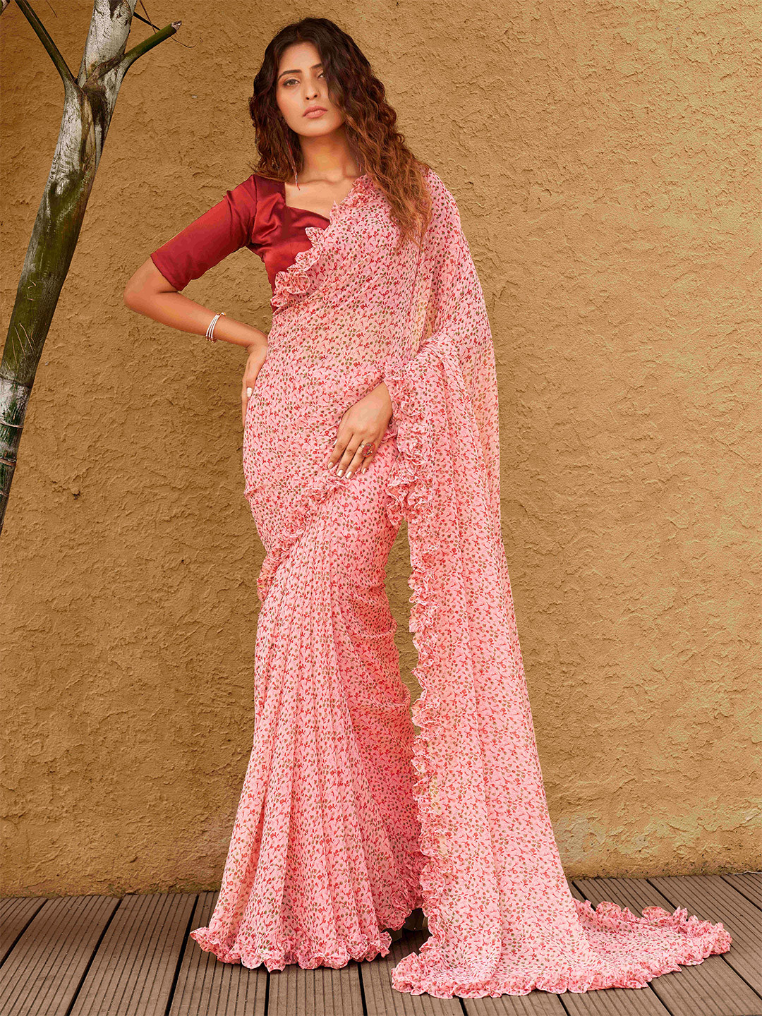 

Tikhi Imli Floral Printed Ruffled Saree, Pink