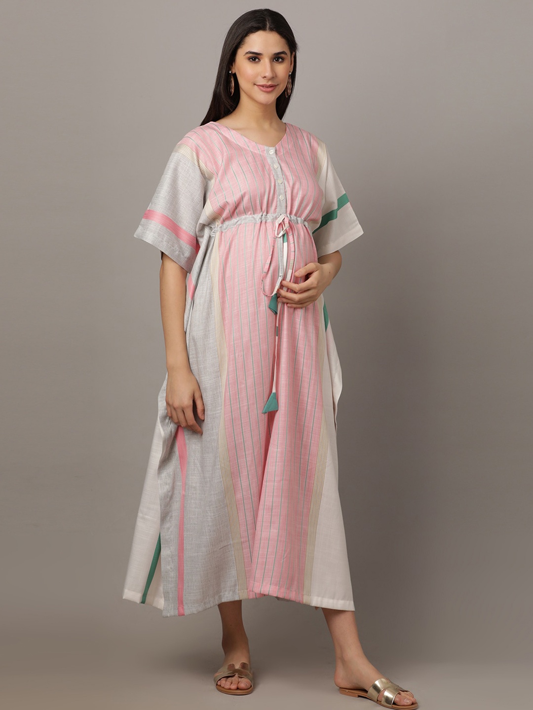 

The Mom Store Striped Maternity Kaftan Midi Dress, Pink